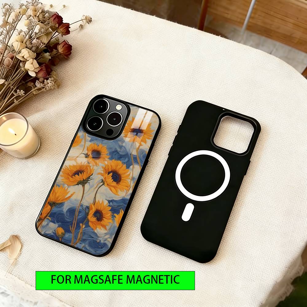 Sunflower Pattern Phone Case For iPhone17,16,15,14,13,12,11 Plus,Pro Magnetic For Magsafe Wireless Charging