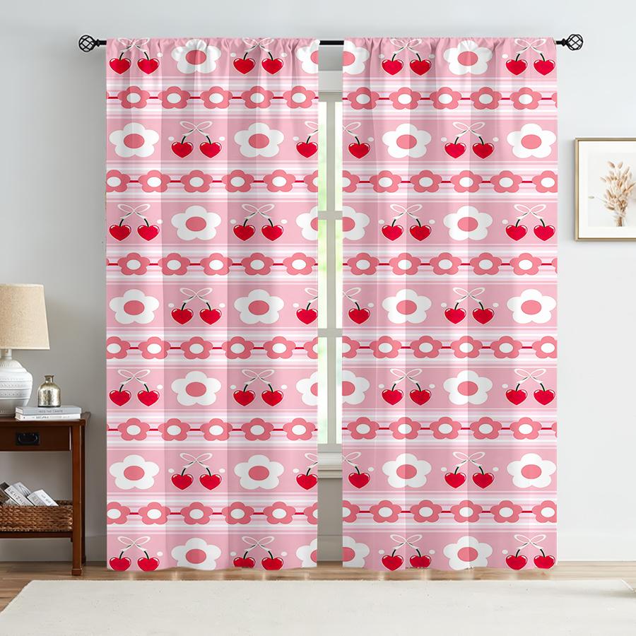 

Set Of 2 Pink Cherry Floral Striped Curtains Soft Sweet Style Living Room Bedroom Decorative Drawbar Pockets Curtain For Sitting Made Polyester W100*H70(CM)-Rod Pocket&1PCS