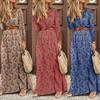 Boho Women V Neck z długim rękawem Paisley Print Belt High Split Party Maxi Dress