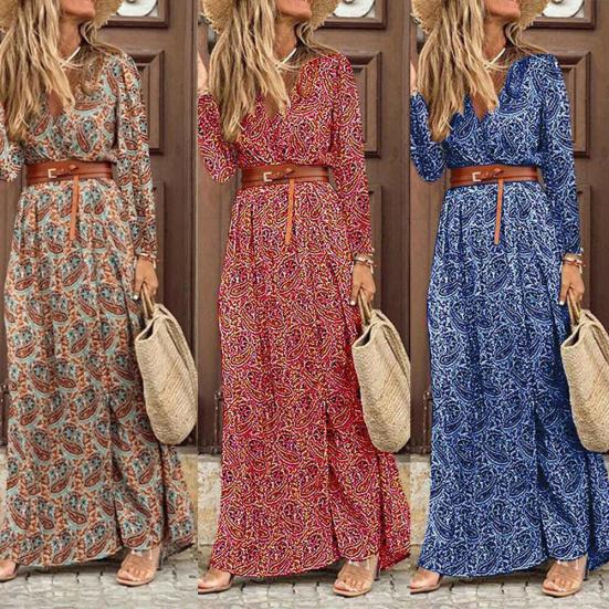 Boho Women V Neck z długim rękawem Paisley Print Belt High Split Party Maxi Dress
