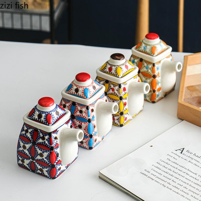 Hand Drawn Ceramic Seasoning Pot Kitchen Spice Container Oil Can Vinegar Pot Seasoning Bottle Ceramic Jar Spice Jar Oil Pots