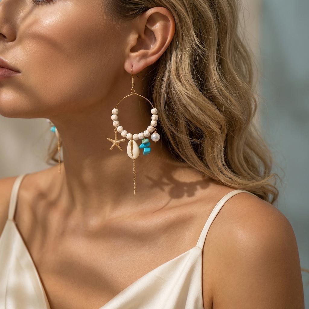 Mermaidcore Ocean Charm Hoop Earrings for Women Starfish Shell Imitation Pearl Turquoise Stone Dangle Summer Beach Jewelry