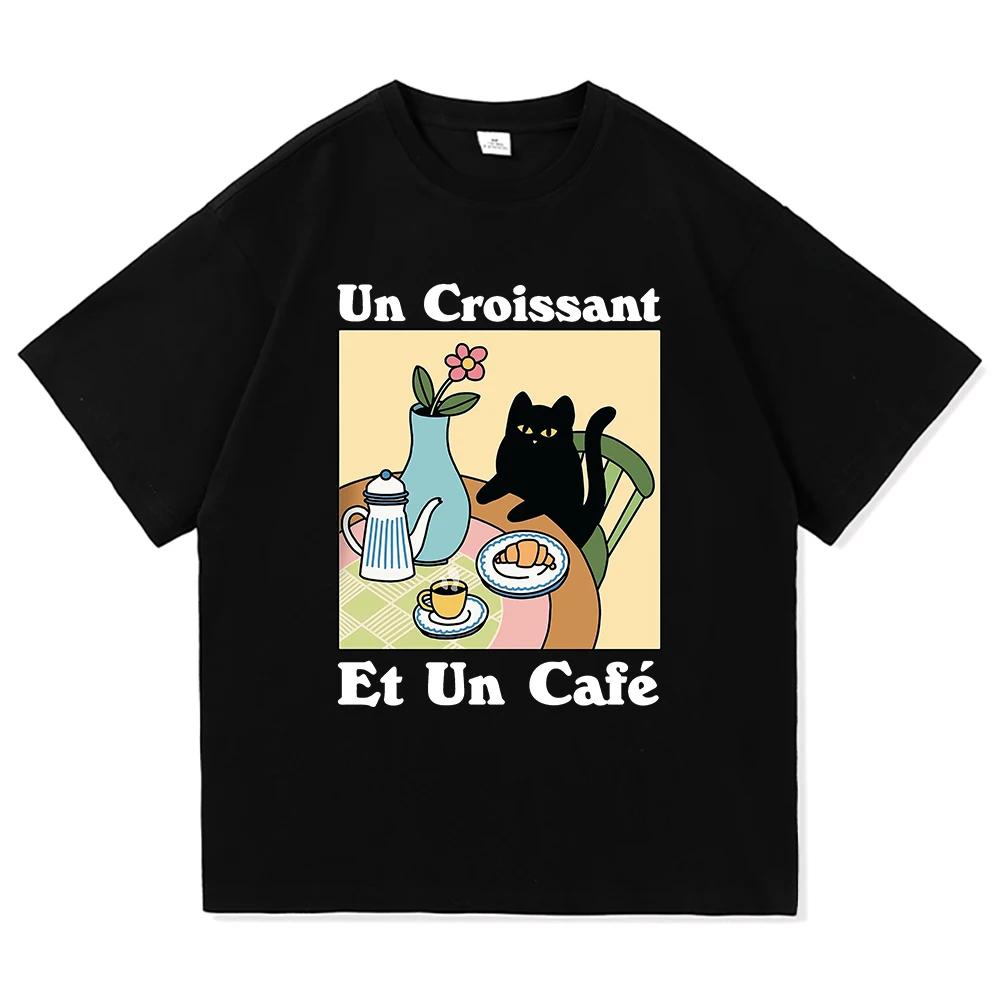 French Cafe Cat T Shirt Fashion Women Summer Funny Letter Un Croissant Et Un Cafe Tshirt High Quality Cotton Tees Shirts