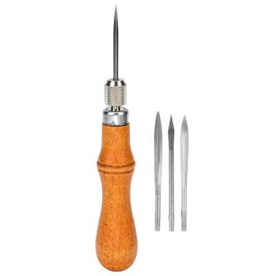 4 In 1 Multifunctional DIY Wood Handle Leather Craft Sewing Awl Hand Stitching Tool