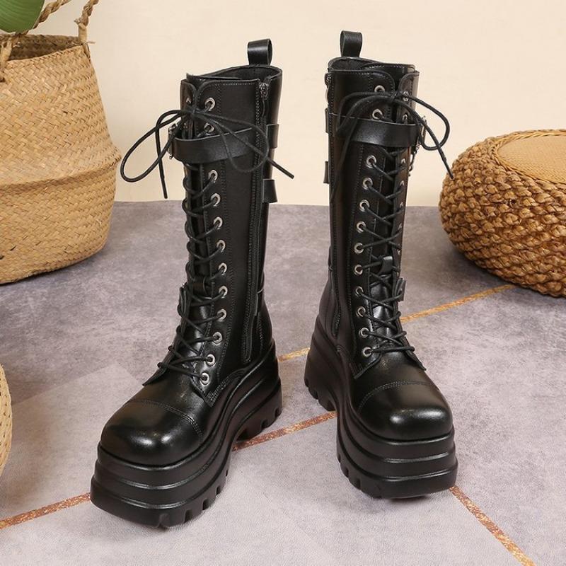 Plus Autumn Women Boots Buckle Round Toe Wedges Platform Boots Punk Goth INS Women Street Shoes Combat Boots for Women