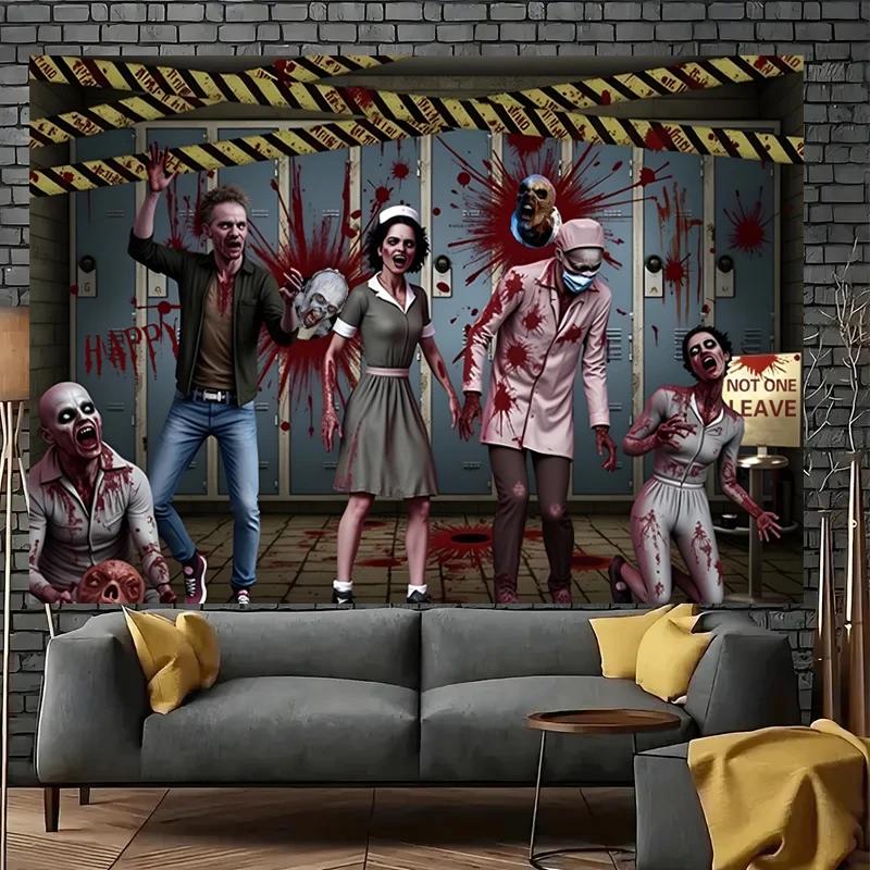 Halloween Zombie Hospital Backdrop Mutant Doctor Patient Horror Scene Emergency Room Warning Signs Wheelchair Props Background5