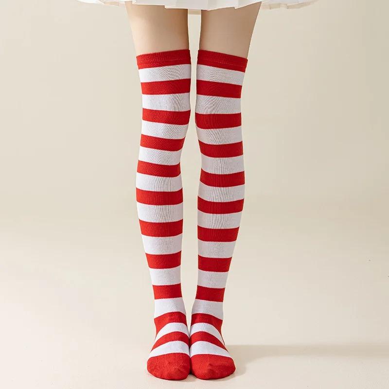 Calze a righe sopra il ginocchio da donna Calze alte Multicolore Jk Casual Calze calde Sexy Sottili Lunghe Calze Hosiery a righe di Natale #