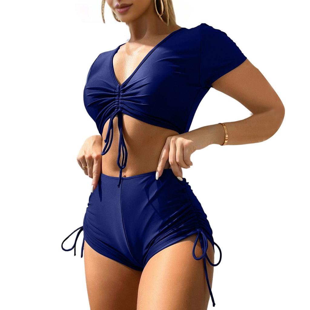 Women’s Two Piece High Waist Short Sleeve Swimsuit Set with Adjustable Drawstring Top and Ruched Bikini Bottoms for Beach Pool