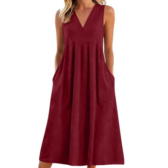 Rochie casual de vară din in pentru femei, fără mâneci, cu decolteu în V, rochie de soare lejeră, croială A, tip maiou, midi, cu buzunar