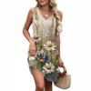 Abito da donna estivo scollo a V casual da vacanza al mare con stampa floreale retrò, senza maniche, patchwork