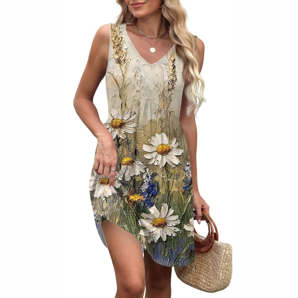 Abito da donna estivo scollo a V casual da vacanza al mare con stampa floreale retrò, senza maniche, patchwork