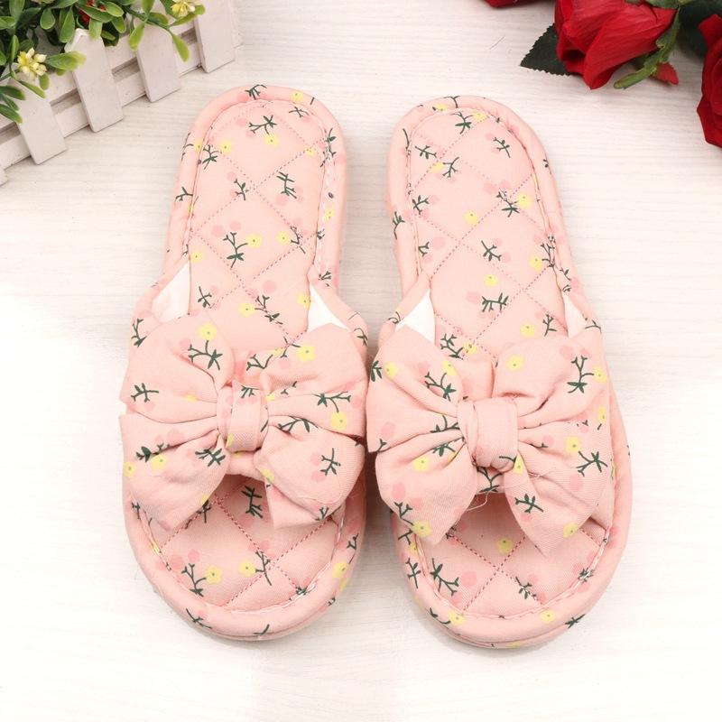Broken flower bow women's rubber bottom three-layer thickened fabric slippers indoor wooden floor open slippers