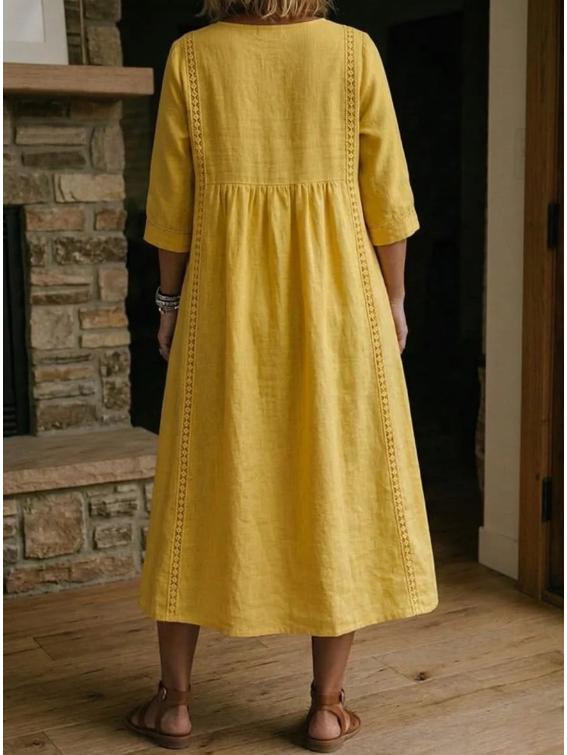 2026 European & American V-Neck Patchwork Lace Trim Linen-Cotton Casual Dress