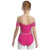 Girls Figure Skating Bodysuit Short Sleeve Cutout Back Sheer Mesh Patchwork Shiny Rhinestones Metallic Dancewear