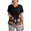 Plus SizePrinted Scrub Working Uniform Tops For Women's Cross V-Neck Halloween Print Short Sleeve Fun T-Shirts Workwear Tee With Pockets