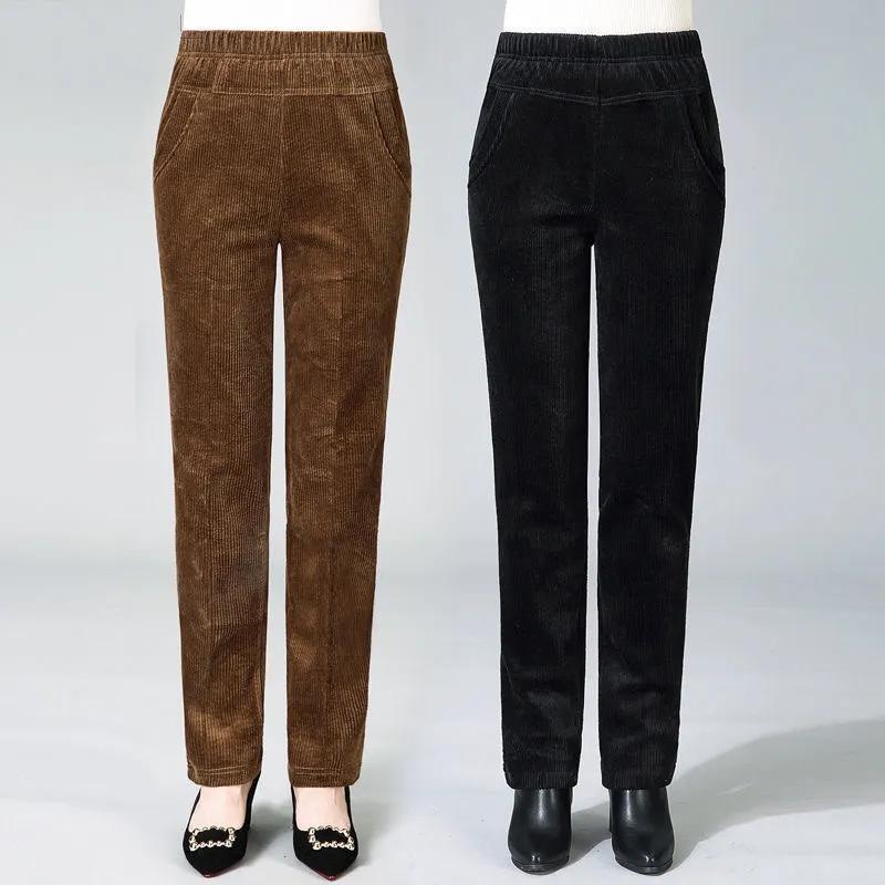 Spring Fall Elastic High Waist Straight Trousers Women Classic Black Pantalones De Mujer Mother's Casual Brown Corduroy Pants
