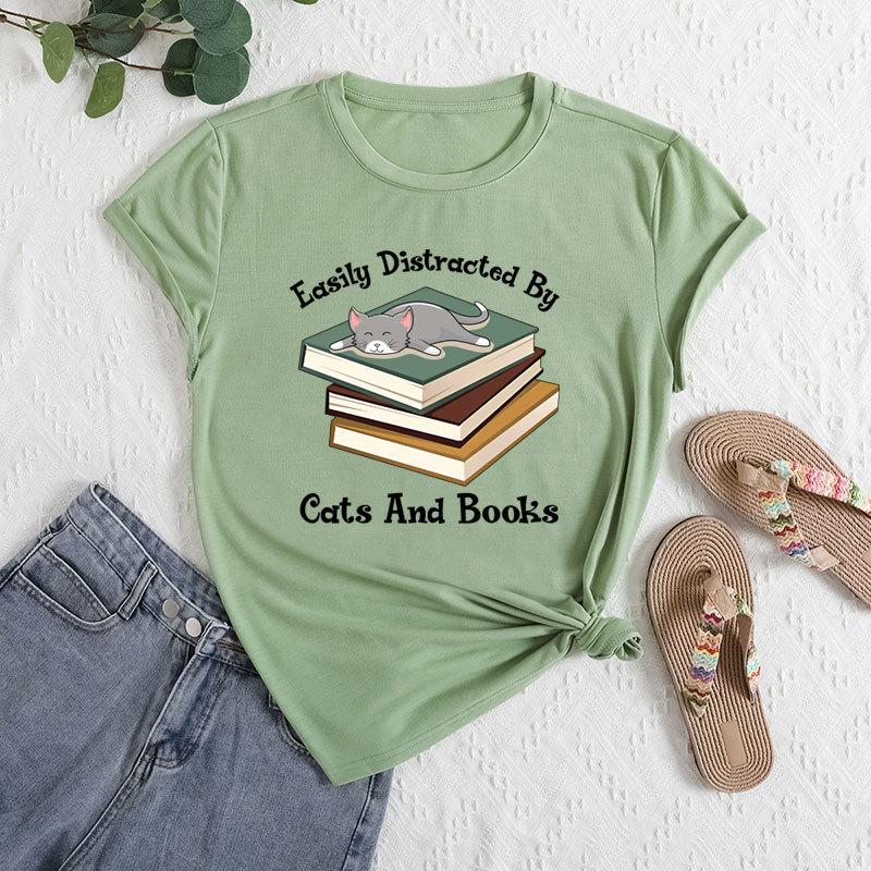 Summer Women's Fashionable Letter Cat Short Sleeved Casual Loose Cotton Round Neck Top