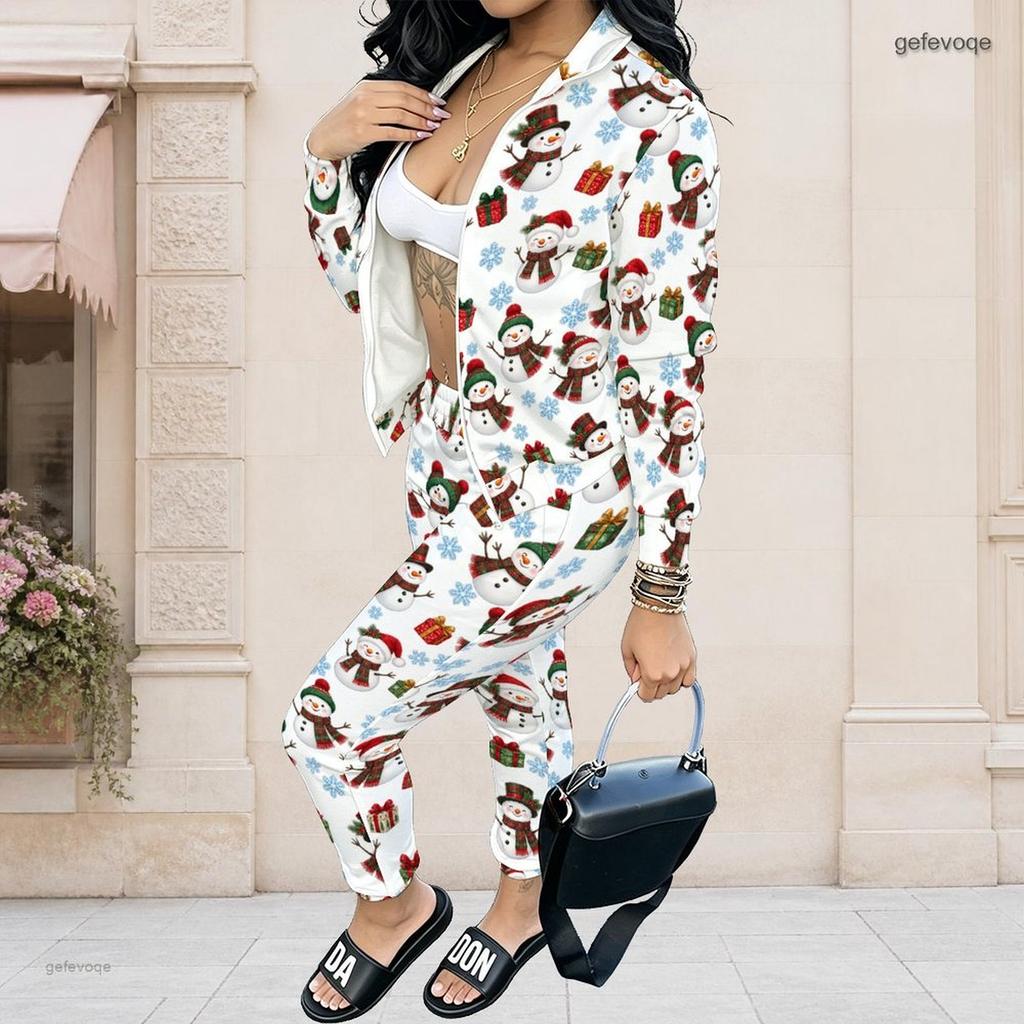 Women Plus Size Stand Collar Long Sleeve Zip Jacket And Pants White Teddy Bear Printed Two Piece Set