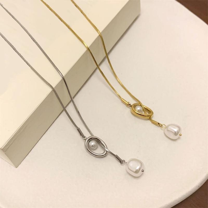 Sturdy Brass Adjustable Chain Baroque Pearls Pendant Long Necklace for Women's Fashion Sweater Chain Jewelry Accessory