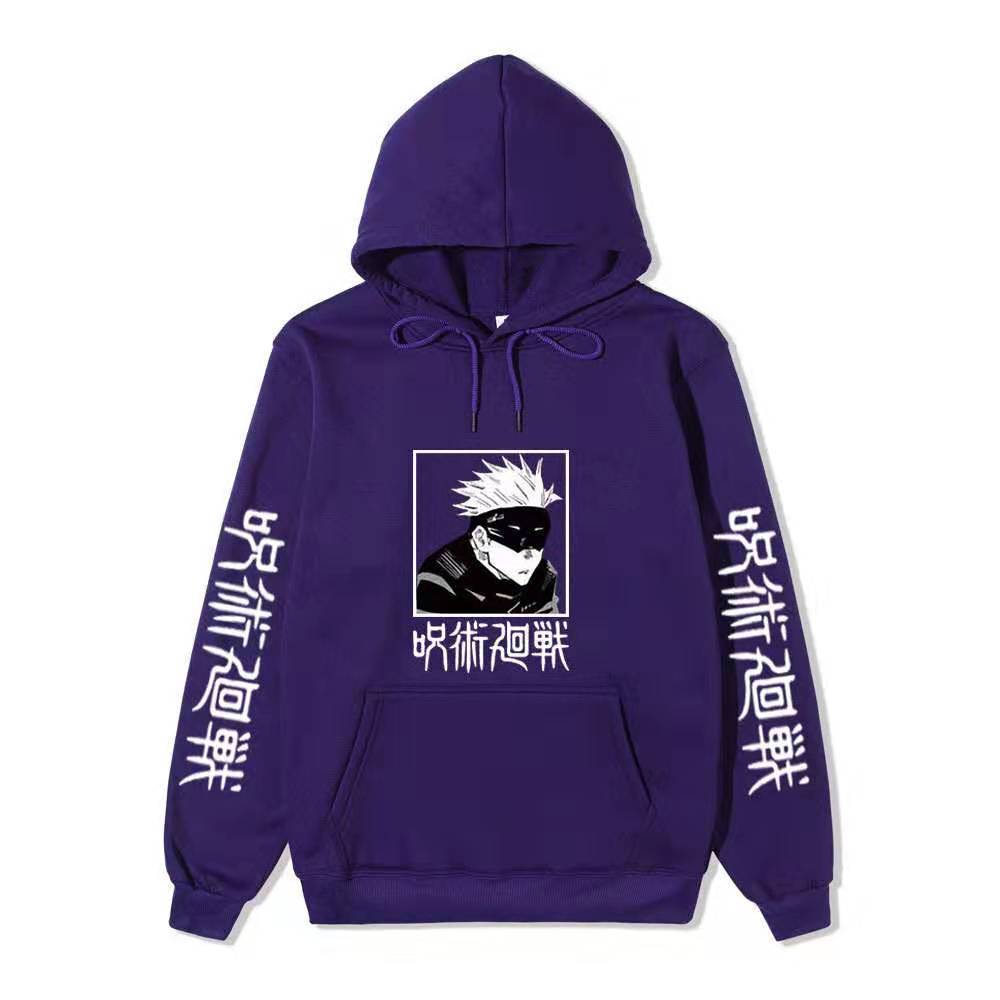 Men Women Fleece Hoodie Gojo Manga Art Two Sleeve Vertical Japanese Characters Casual Anime Hooded Sweatshirt