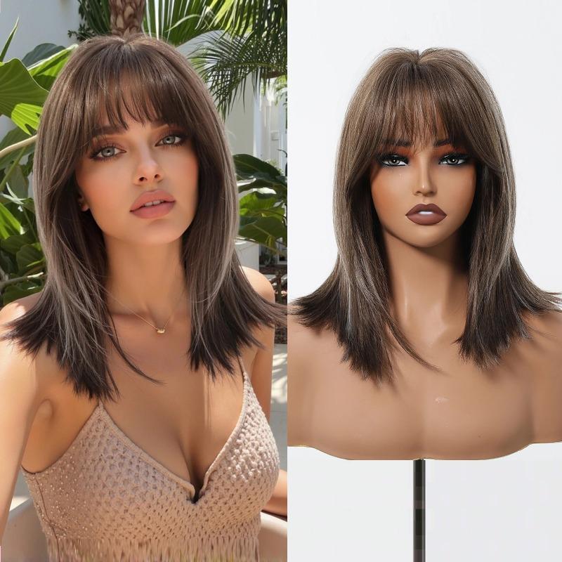 Wig full head cover women's high-level clavicle hair simulation repair age reduction natural straight hair Europe and the United States