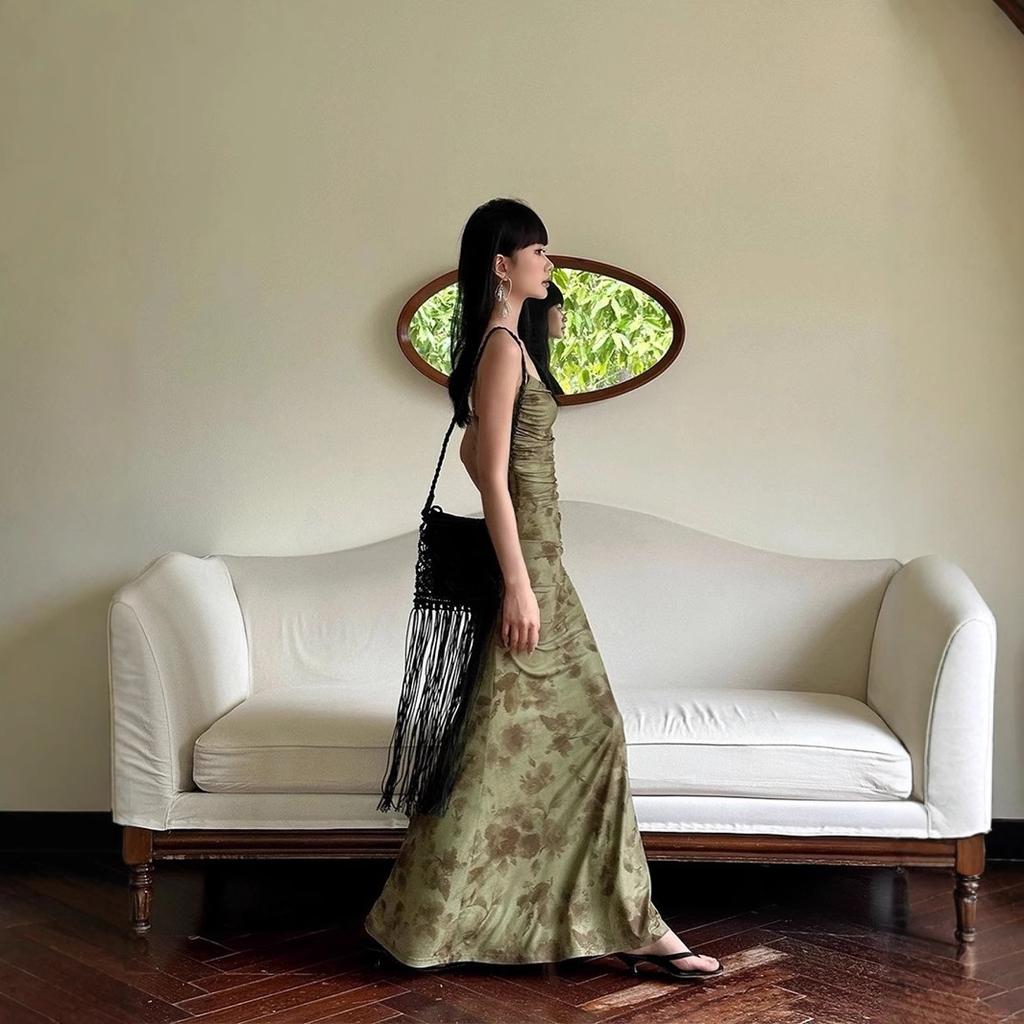 New Chinese-style Green Mesh Yarn Floral Suspender Dress Women's Summer Design High-end Temperament Waist-wrapped Hips Fishtail Dress