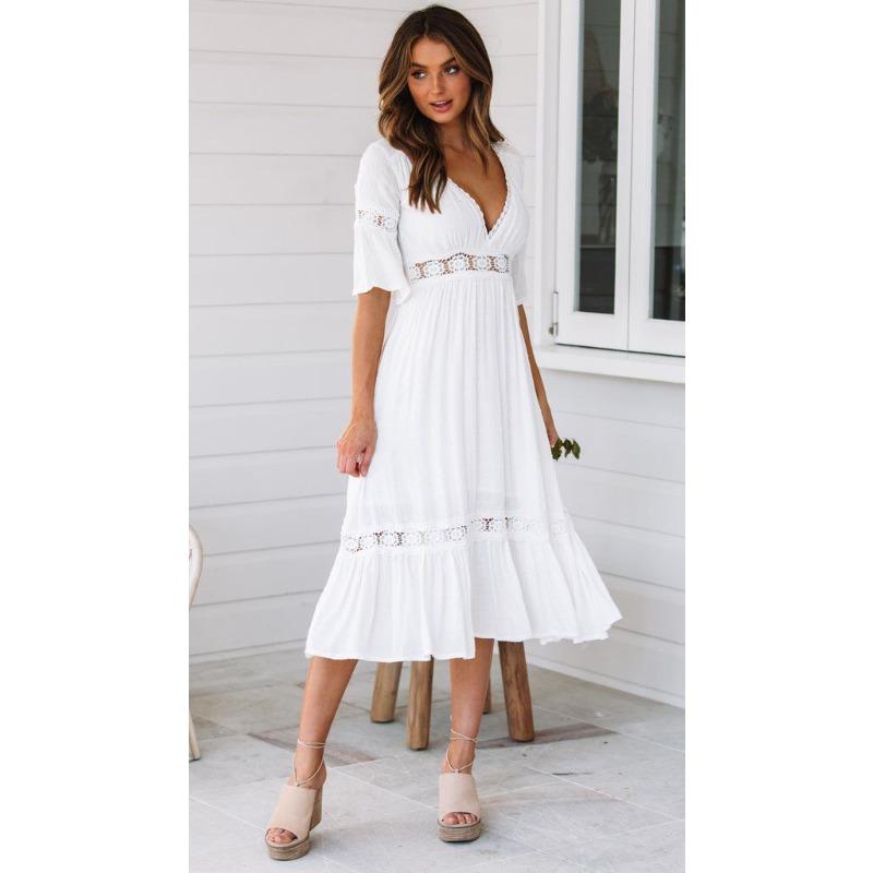 Weißes Damenkleid Sommer V-Spitze Ausgestellte Ärmel Elegant A-Linie Kurze Kleider für Damen Mode Lässig Locker Urlaub Strand Büro Damenkleid