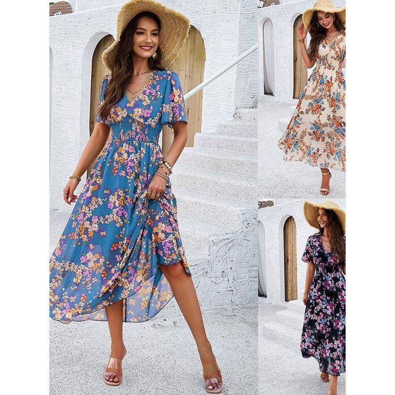 

Trade European and American Women s Clothing Amazon 2025 Spring/Summer New Arrival Temperament Printed Waist Trimming Short-Sleeved Chiffon Dress Apricot S