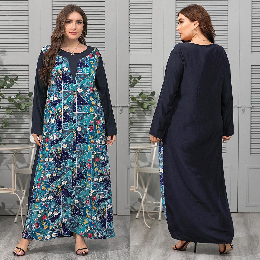 Frühling Sommer Plus Größe Damen O Neck Print Spleißen Elegante Lose Langarm Kleid XL-4XL