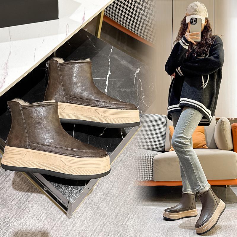 Thick Soled Snow Boots for Women Winter Warm Cotton Shoes with Plush Thick Leather Waterproof and Height Increasing Martin Cotton Boots