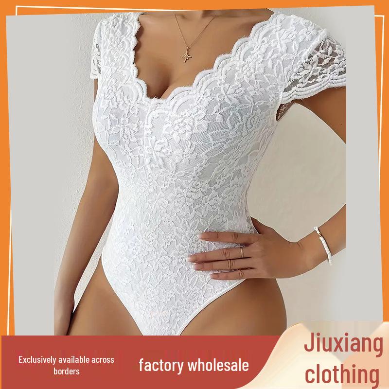European and American Lace Trim Slimming Short Sleeve Bodysuit