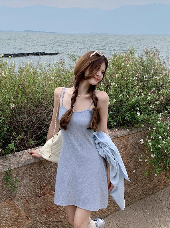 

Plus Size Blue Long Sleeve Shirt Jacket with Waist-Cinching Camisole Dress - Summer Casual Set L (100-120 jin)