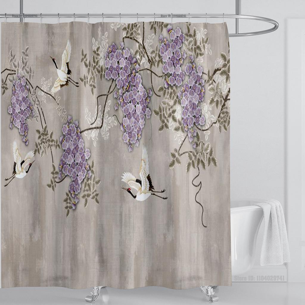 Chinese Style Flower and Birds Tree Shower Curtains Crane Pattern Bath Curtain Waterproof Bathroom Decor With Hooks 3d Printing