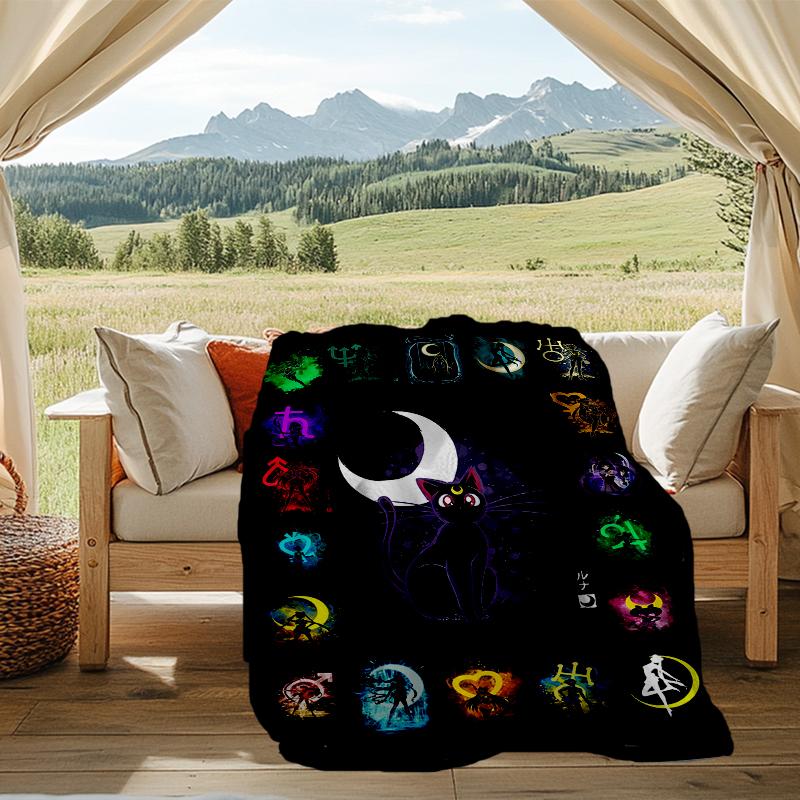 Moonlit Cats Print Flannel Blanket, Soft Warm Lightweight Throw Blanket for Living Room,Sofa Bed Camping Office