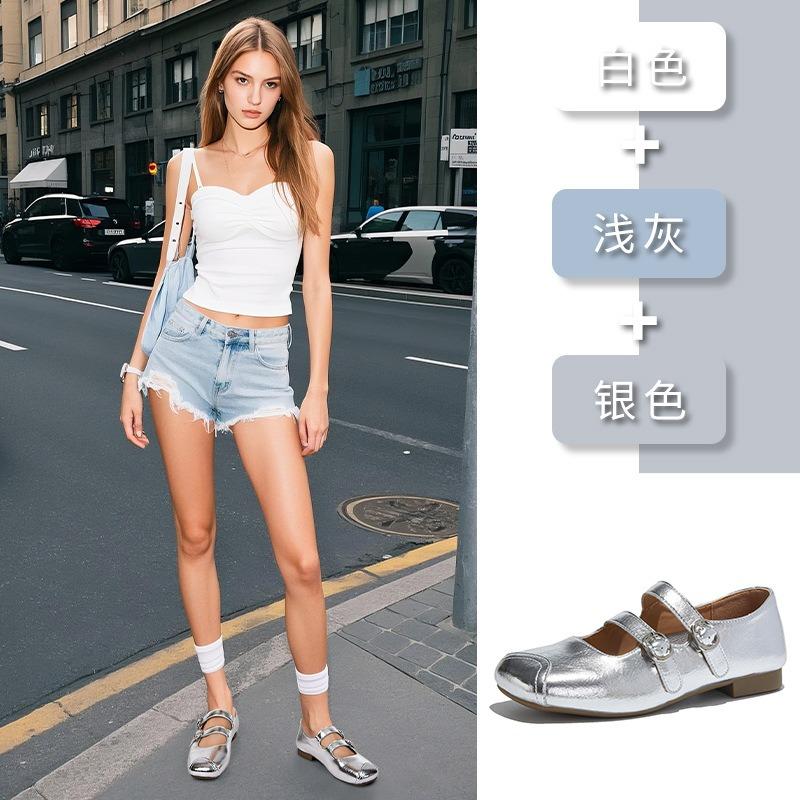Leather Square Head Mary Jane Shoes Women's Summer New Shallow Mouth Single Shoes Casual Small Leather Shoes Xiaoxiang Women's Shoes