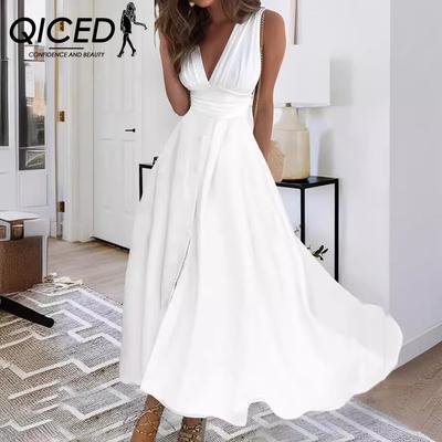 Sommer Frühling Ärmelloses V-Ausschnitt Wickelrock Kleid Damen Sommerkleid