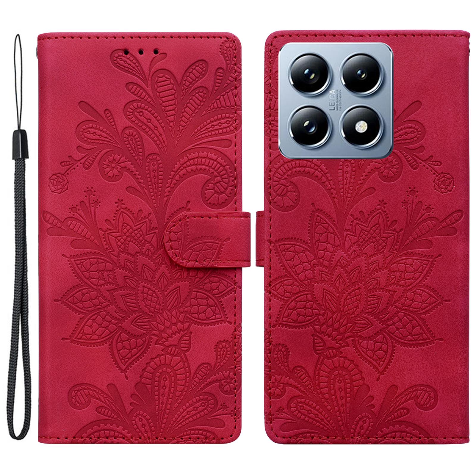 

For Xiaomi 14T Pro Case Imprinted Lace Flowers PU Leather Wallet Phone Cover Red