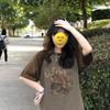 Ladies Summer Short Sleeve Round Collar Color Block Cartoon Printed Loose Pullover Casual T Shirt Top
