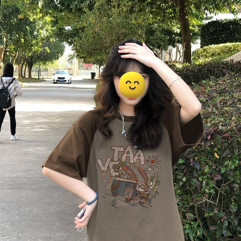 Ladies Summer Short Sleeve Round Collar Color Block Cartoon Printed Loose Pullover Casual T Shirt Top