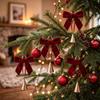 Holiday Party Hanging Ornaments 6 Pcs Velvet Bow with Bell Ornaments, Vintage Rustic Christmas Seasonal Decorative Decoration, Retro Jingle