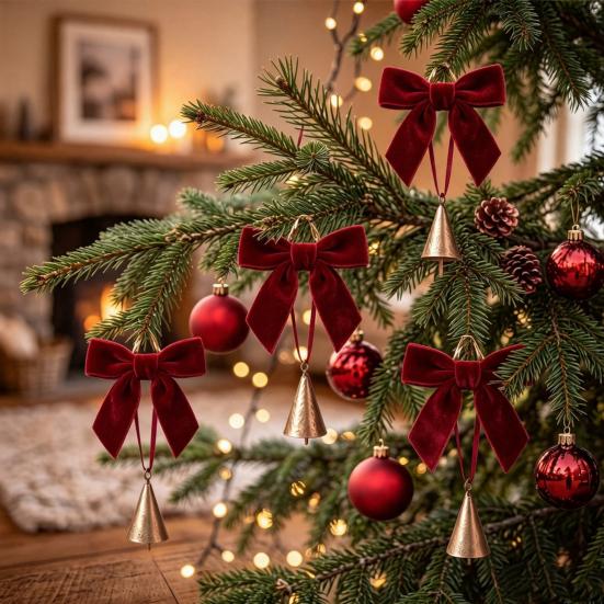 Holiday Party Hanging Ornaments 6 Pcs Velvet Bow with Bell Ornaments, Vintage Rustic Christmas Seasonal Decorative Decoration, Retro Jingle
