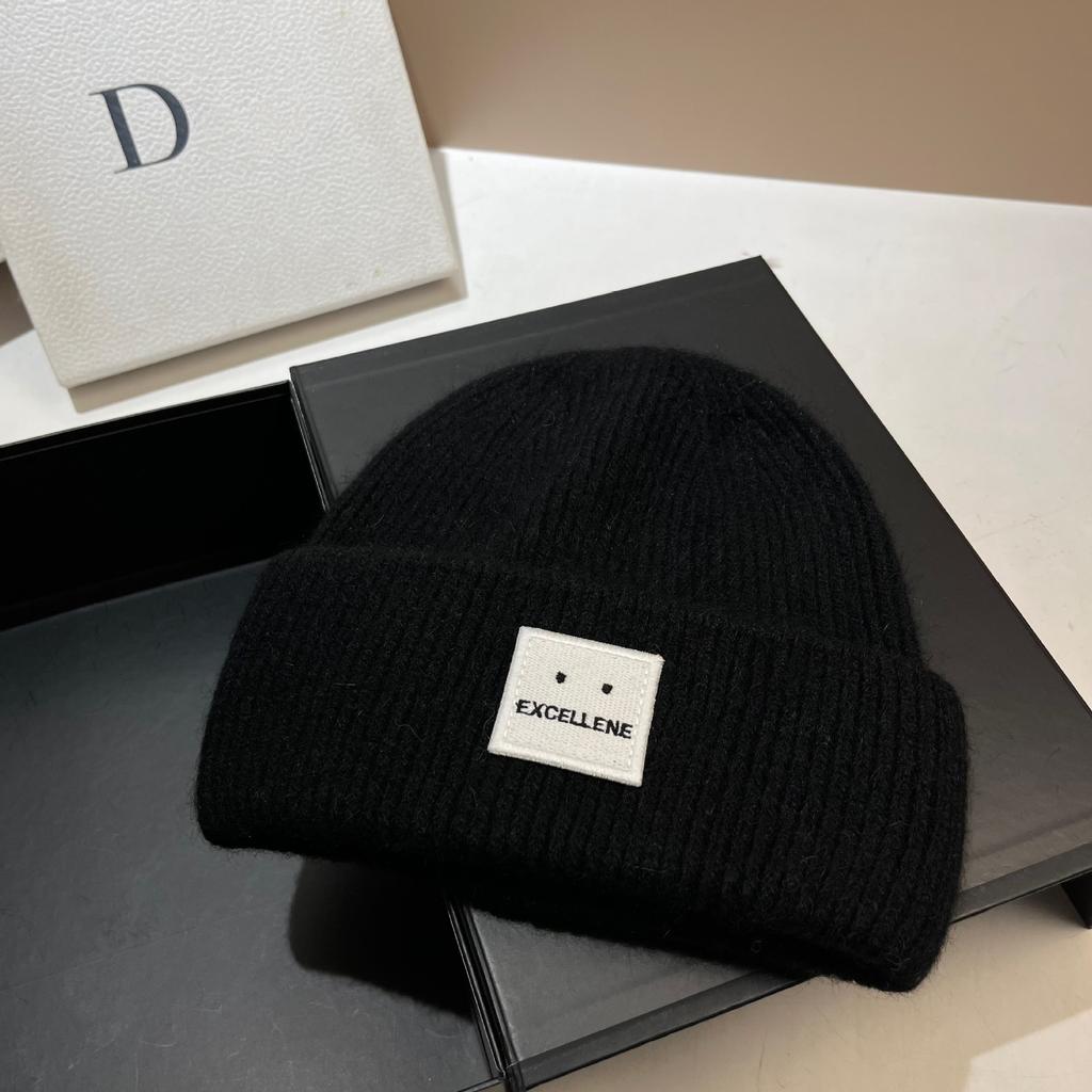 Square Expression Rabbit Fur Knitted Hat Fashionable Winter Warm Hat Couple's Ear Protection Woolen Hat