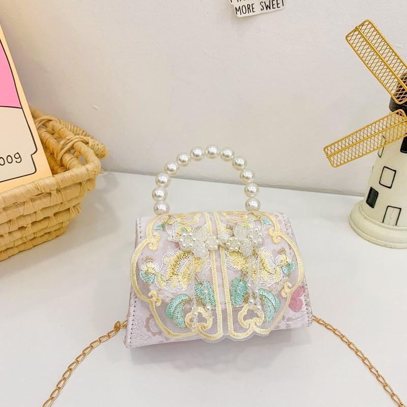 Childrens Cute Princess Crossbody Bag With Artificial Pearl Decoration And Embroidery Design For Daily Use