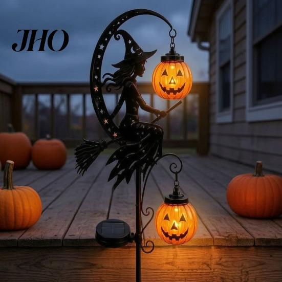 Festive Crescent Moon Yard Art Solar Halloween Metal Garden Stake Light, Auto On/Off Black Cat with Hanging Gift for Lovers Pumpkin Lantern,
