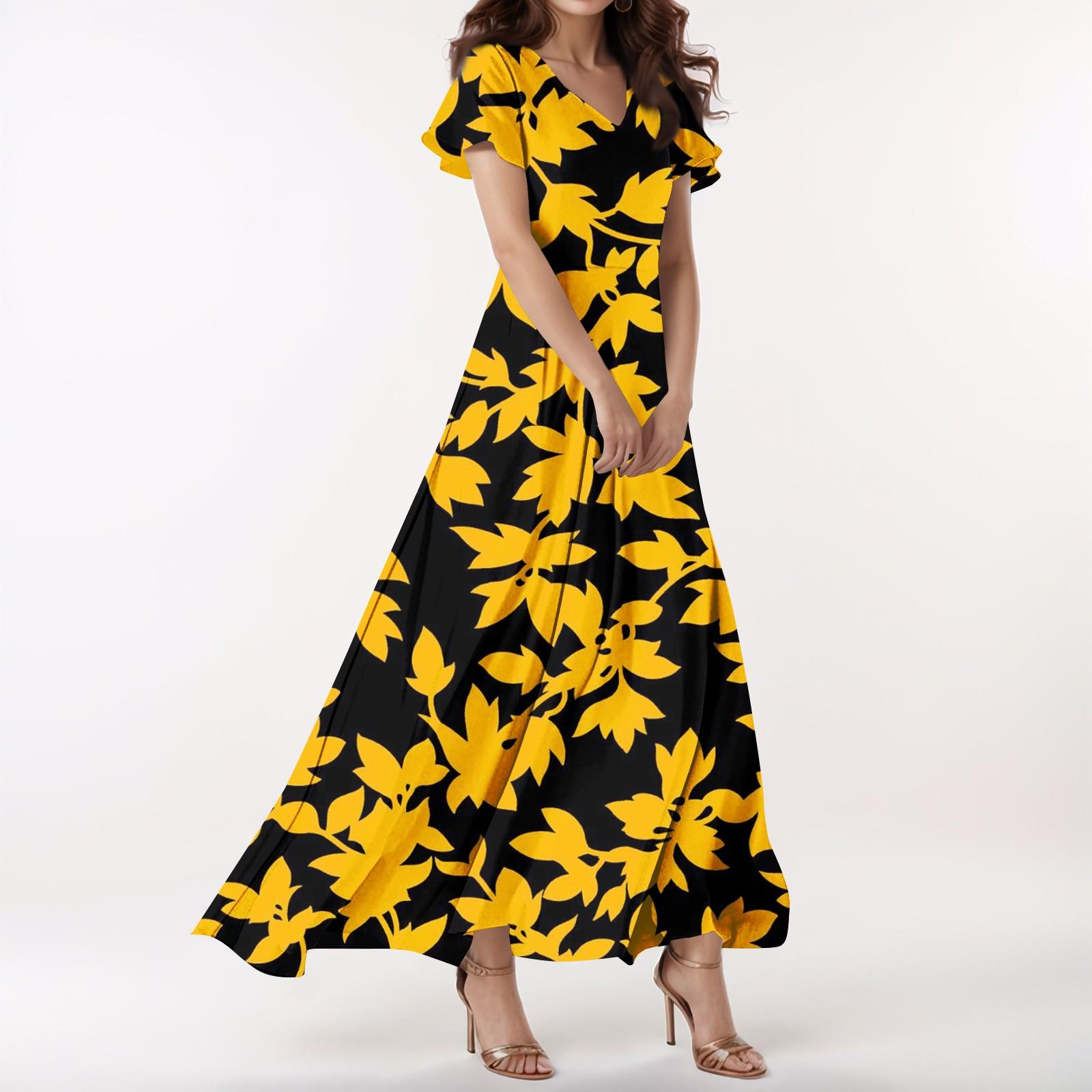 

Женское повседневное платье с V-образным вырезом, коротким рукавом, высокой талией и принтом в виде цветов и листьев в стиле ретро XXL оранжевый