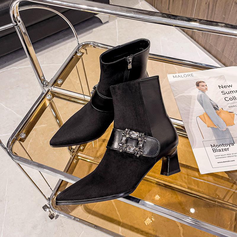 Pointed high-heeled short boots 2024 autumn and winter new side zipper thick heel thin boots French rhinestone buckle medium women's boots