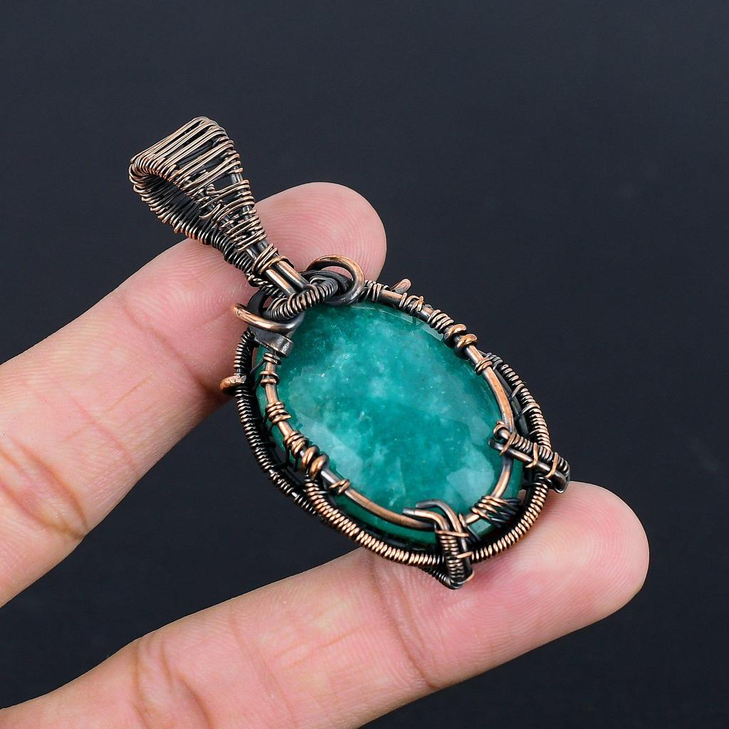 Emerald Pendant, 999 Copper Wire Wrapped Pendant Gemstone Jewelry, Handmade Pendant Amazing Jewelry, Gift For Her