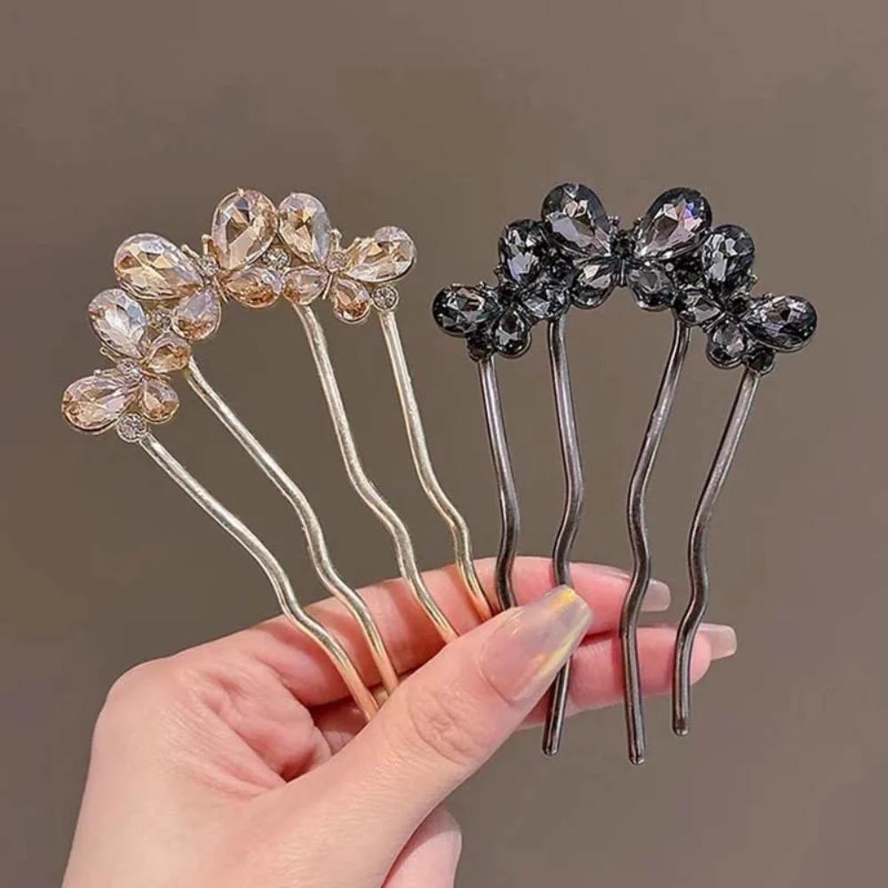 Geometric Toothed Insert Comb Rhinestone U-shaped Hair Clip Elegant Butterfly Hairpin Party