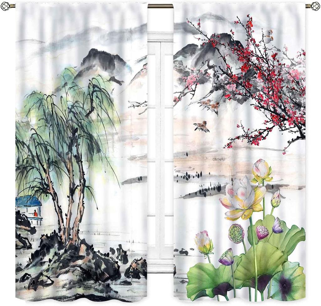 Asian Curtains Bedroom Traditional Ink Painting Nature Landscape Mountains Cherry Blossoms Floral Oriental Art Japanese Sty Made Of Polyester Decor
