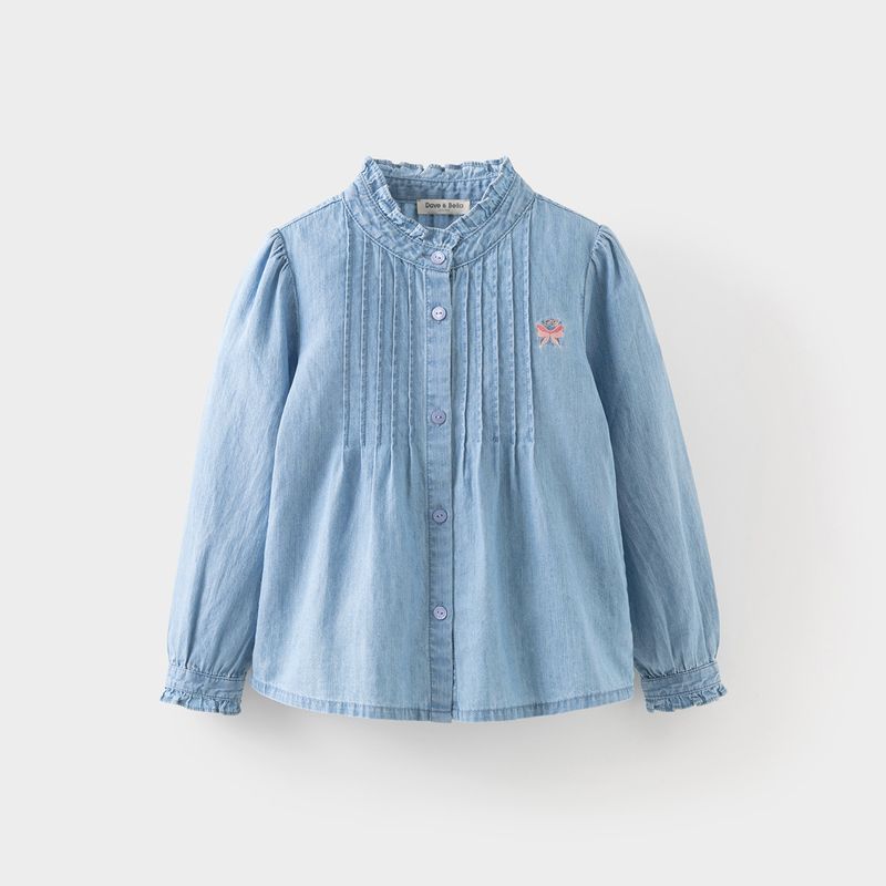 David Bella Girls  Pure Cotton Shirt 2026 New Spring Children s Denim Shirt Girls  Top Children s Clothing for Older Kids Denim Blue [Ready in Stock] 110